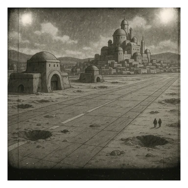 8mm film black and white, no color, light leaks. the image shows post-war reconstruction-era life in the z'rian commonwealth capital region, santa-fe neo-adobe futuristic architechture. arctic temperate region. the image shows a vast airstrip, craters and blast marks, and fortified-hangar-bastions sticker