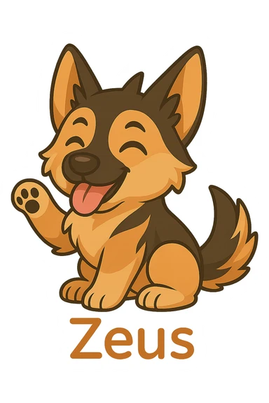 Make the name 'Zeus' under the chibi German Shepherd dog bold and easy to read, keeping the chibi stickers style and transparent background. sticker