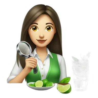 brunette girl with left magnifying glass and right mojito sticker