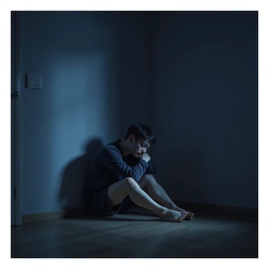 A modern person in a dimly lit room, curled up in the corner, feeling isolated after comparing their real self to their social media persona, realistic illustration style sticker