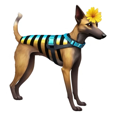  brindle brown black maroon striped lurcher Alsatian fox running blue eyes and iridescent holographic oilslick harness wearing paper iridescent tropical flower crown yellow caution tape sticker