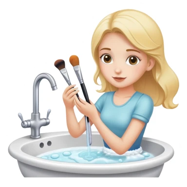 a girl washing brushes in a sink with soap sticker