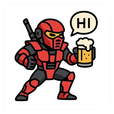 Sector from Mortal Kombat, robotic ninja with red armor, holding a beer in hand, speech bubble saying 'HI', dynamic pose, vibrant colors sticker