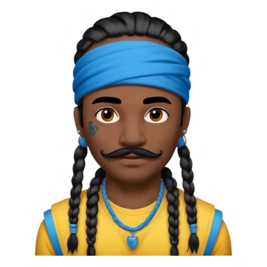 big lose braids starting from the top of the head man with mustache face wiith big visible braids and mono color headband on head  face and braids as big as headband and lots and lots of face tattoos colored tattoos like a tattoo artist hair unique color sticker