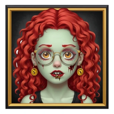 zombie girl with long red curly hair, thick lashes, black glasses, gold nose piercings on each nostril, and a gold eyebrow piercing. sticker