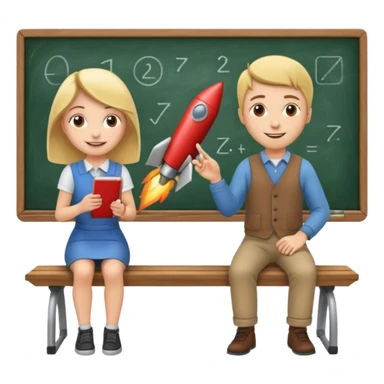 Girl is teaching a guy how to make rocket emojis. Girl at blackboard, guy on bench learning. sticker