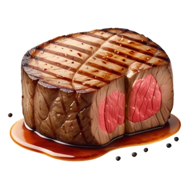 Cinematic thick-cut scotch fillet steak, perfectly seared with grill marks, a grilled center, rich and savory, warm glow, sizzling and mouthwatering, highly detailed and appetizing. sticker
