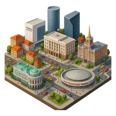 Изометричная миниатюрная фотореалистичная 3D модель Екатеринбурга - Дом Севастьянова, Ельцин-центр, Уральский федеральный университет, дома, Екатеринбург Арена, Штаб-квартира Русской медной компании, Здание Свердловского городского совета народных депутатов, четкие линии, яркие цвета, мультяшный реализм, люди, автотранспорт, компактная композиция, вид сверху в изометрии, прозрачный фон sticker