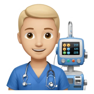 doctor with anesthesia machine, blue scrubs, smiling, modern emoji, minimal background sticker