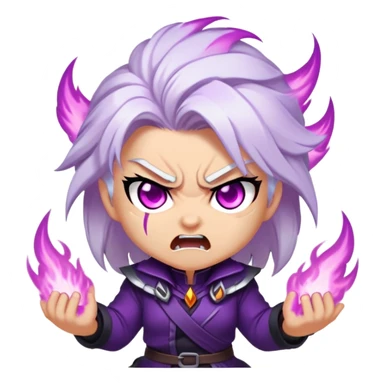 Chibi Sable Ward with rage expression, furious face, glowing purple eyes, white hair with purple streaks, flaming effect around her, angry expression sticker