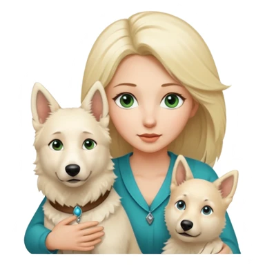 A white blonde Hair Woman with blue Green eyes with a White Shepard with a little bit beige in the fur in a lovely pose  sticker