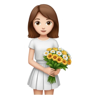 girl with brown hair wearing a white skirt holding a bouquet of flowers sticker