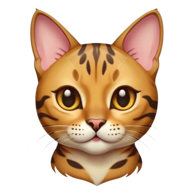 Cinematic Cute Bengal Cat Portrait Emoji, Playful and charming, sleek spotted brown and gold tones, Simplified yet adorable features, highly detailed, glowing with a warm, friendly glow, high shine, curious and affectionate, stylized with a touch of whimsy, head tilted in a playful and inquisitive manner, soft glowing outline, capturing the essence of a mischievous yet loving kitten, so endearing it feels like it could pounce out of the screen and play! sticker