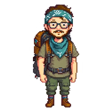 adventurer with goatee beard (no beard on cheeks), short hair, glasses, bandana on head and backpack sticker