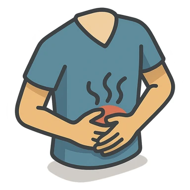 torso in clothing, painful stomach, hands holding stomach, waves of pain, 2d isometric style, shadows and highlights, no face and legs, only torso in clothing, stomach, hands and pain, transparent background sticker