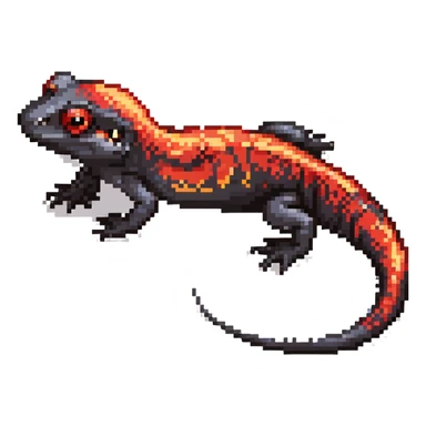 Black salamander with bright red flame-like patterns on its scales, fiery design sticker
