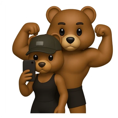 Create two muscle bears in a 3D apple emoji style. The bear in front has a female shape that is slimmer, more athletic, fit, and toned, not fat or bulky. The bear behind has a male shape doing a double biceps pose. Both bears look strong, natural, affectionate, and cute. Maintain the same pose as in the reference images. No background. Inspired by the provided references. sticker