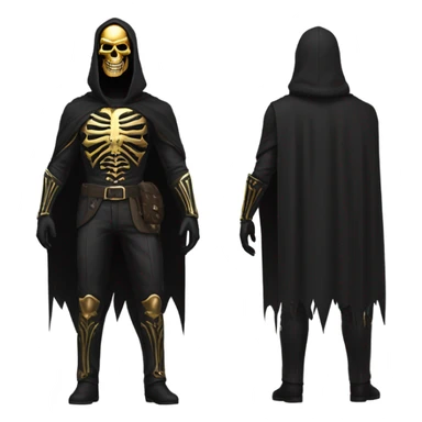 Bounty Hunter Boss with black cape and a perfect gold skull jaw mask from death Stranding, full body front and back sticker