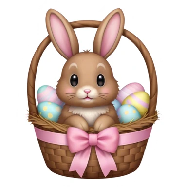 Floppy-eared fluffy brown bunny with a bow, sitting in a pastel Easter basket sticker