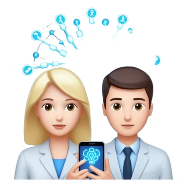 Generate a realistic emoji of a two people using a phone which shows artificial intelligence. Out of the phone is coming 3d ideas and electric symbols  sticker