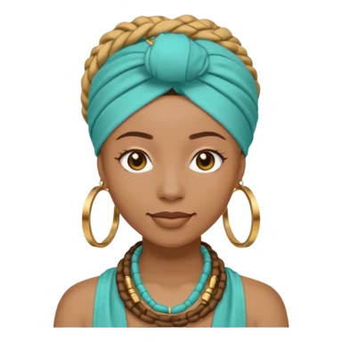 Non-portrait Jayci-vibe emoji, 1024 PNG, transparent. Headwrap (muted R-G-G), hoops, locs hint; soft smile, golden inner glow + faint heart aura. Embed: first-love, roots calm, playful grace, protective joy, consent. sticker