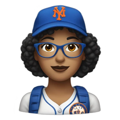 Mom with black curly hair and Mets hat with glasses sticker