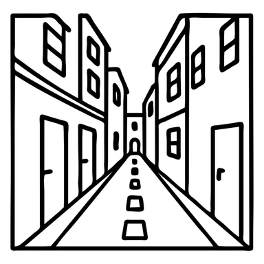 Remove any frame or border, emphasize the road in the narrow alleyway, keep simple building design, no background sticker