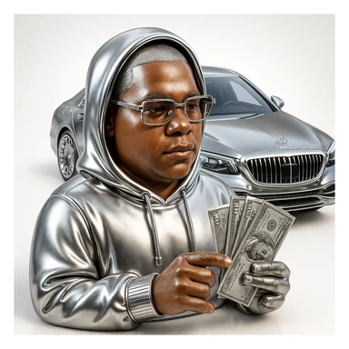 bold chrome style icon of a person with realistic light brown skin, natural facial features, and a naturally missing finger on the hand, wearing a chrome-rendered hoodie and clothing, Cartier glasses, holding detailed US dollar bills instead of money, with a Maybach car in the background, iconic chrome aesthetic sticker