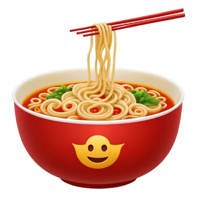 Chinese cuisine humanless avatar in bright emoji-style illustration. Noodles bowl, red and gold colors, simple shapes, flat design, bold and energetic. sticker