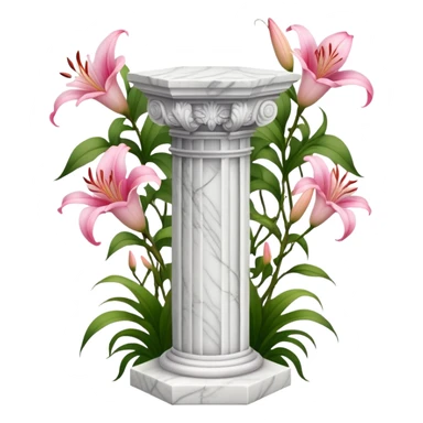 White tall marble pedestal with vines growing on it and pink lilies, beautiful romantic scenery  sticker