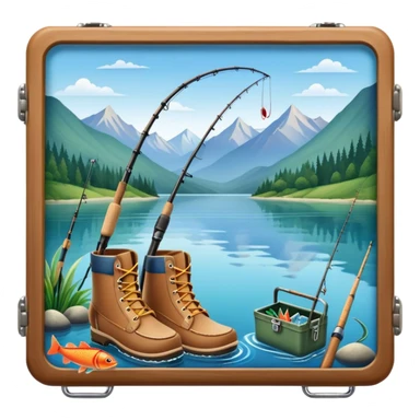 Icon for Fishing Travel: a fishing rod, tackle box, boots, and a boat on a calm lake surrounded by mountains and lush greenery, with fish jumping out of the water. The icon should capture the peaceful and adventurous nature of fishing trips. Transparent background. sticker