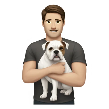 White man with dark brown hair holding white bulldog  sticker