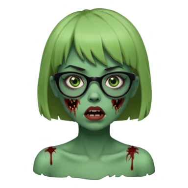 faça uma menina zumbi,da cor verde,com o cabelo curto,até o pescoço,franja,óculos pretos médios,olhos escuros,boca meio aberta e alguns machucados pelo rosto sticker