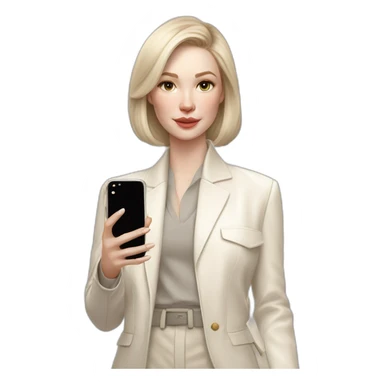 pale skin woman with ash blonde Straightened bob Hair, White Spacious classical jacket, beige palazzo Arrow pants and gray blouse holding white IPhone 15 pro in the hands sticker