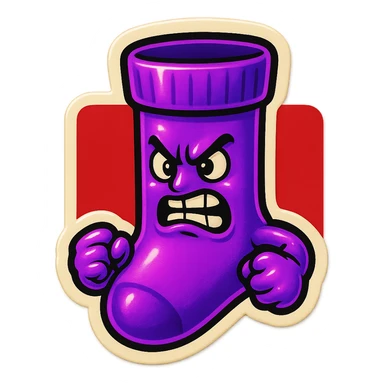 A neon-purple sock with an angry face, clenched fists, and a red background, representing rage or frustration. sticker