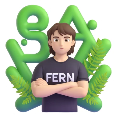 Brunette anime man leaning to the side with arms crossed, standing in front of green bubble letters that say 'The Fern'. He wears a black t-shirt, no jacket, medium-length brown hair, and has an expressive anime face. Maintain a thick, soft, cheerful, 3D vibe in 3D Emoji style. sticker