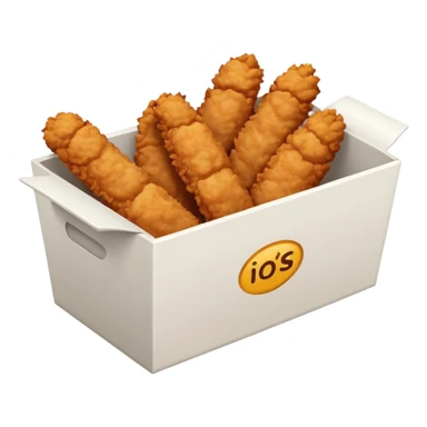 a frontal rectangular white box with no lid, filled with crispy fried chicken fingers sticker