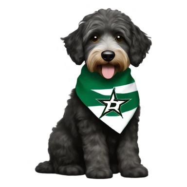 Aussiedoodle wearing a bandana with the NHL Dallas Stars hockey team logo sticker