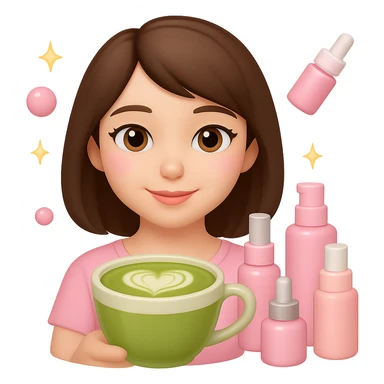Create an Apple emoji style square profile picture of a girl with short dark brown hair and brown eyes, featuring a pink soft girl aesthetic. She is holding a matcha latte and is surrounded by pink skincare and makeup bottles with sparkles, conveying a gentle and cute vibe. The style should mimic Apple emojis with concise details and vibrant colors. sticker