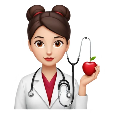Dark brown haired woman veterinarian with a sleek bun and a cherry red Littmann stethoscope  sticker