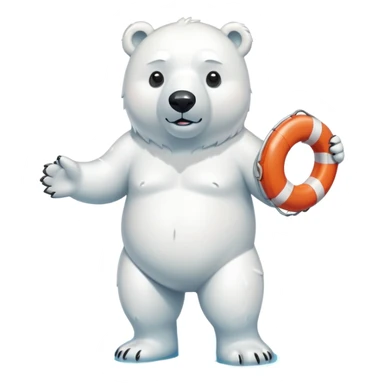 full body friendly anthropomorphised polar bear wearing swim shorts and swim goggles, standing in a puddle, holding a life buoy sticker