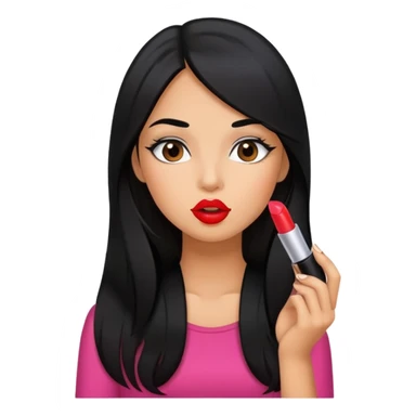 Girly girl young, tanned long black hair, putting on lipstick sticker