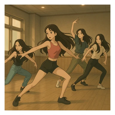beautiful skinny women with long dark brown hair, kpop girl group at dance practice, dynamic dance pose, soft lighting, practice room, ghibli style sticker