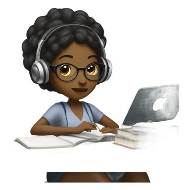 Balck Female with headphones Studying in library looking at iPad  sticker