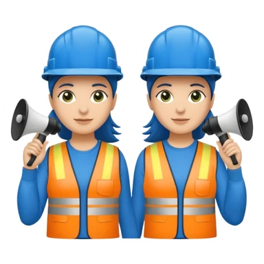 Duas pessoas com capacete de obras azul e um megafone na mão e camisa social cinza com faixas reflexivas verdes nos braços. Deve ser um homem e uma mulher. Os dois capacetes devem será azul escuro. sticker