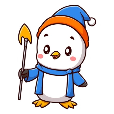 cartoon penguin wizard with a blue robe and sparkly hat, holding a glowing staff sticker