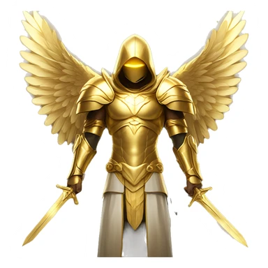 golden archangel, in full growth, with golden wings, rays of light coming from his face, golden armor, golden swords, in a golden hood sticker