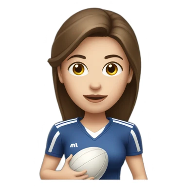 White skin brunette female playing football with very small basket ball sticker