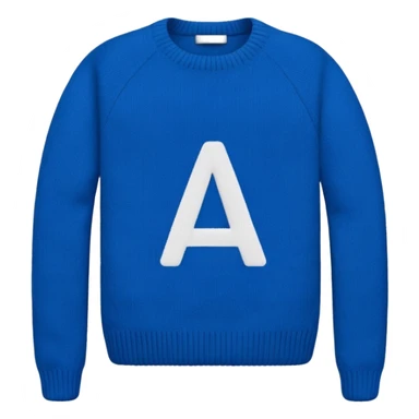 blue sweater with small white letter A in upper right sticker