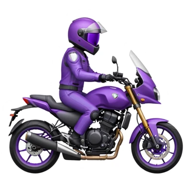 Créer un emoji avec une moto mt07 sport noir mate / violet iridescent très foncé. Avec une pilote dessus visière violet sombre faceless, bulle de la moto violet. Avec fond arrière violet sticker